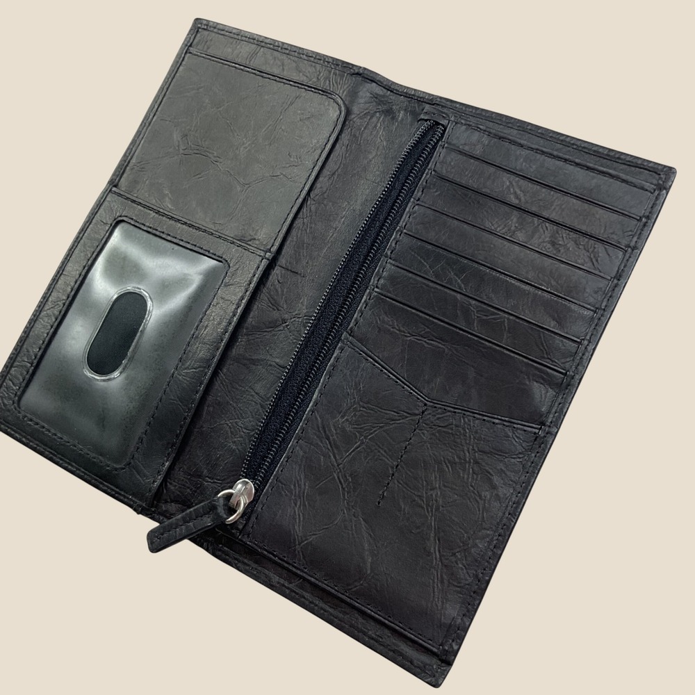 Fossil wallet Black Leather Long Bifold Zipper Pocket and ID Window